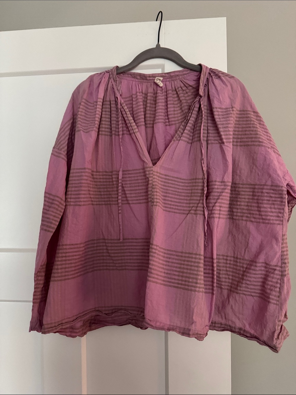 Relaxed Pink Striped V-Neck Peasant Blouse